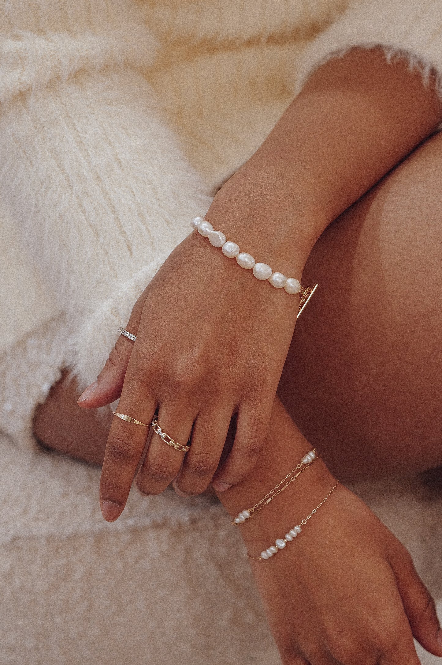 Tiny Pearl Bar Duo Chain Bracelet